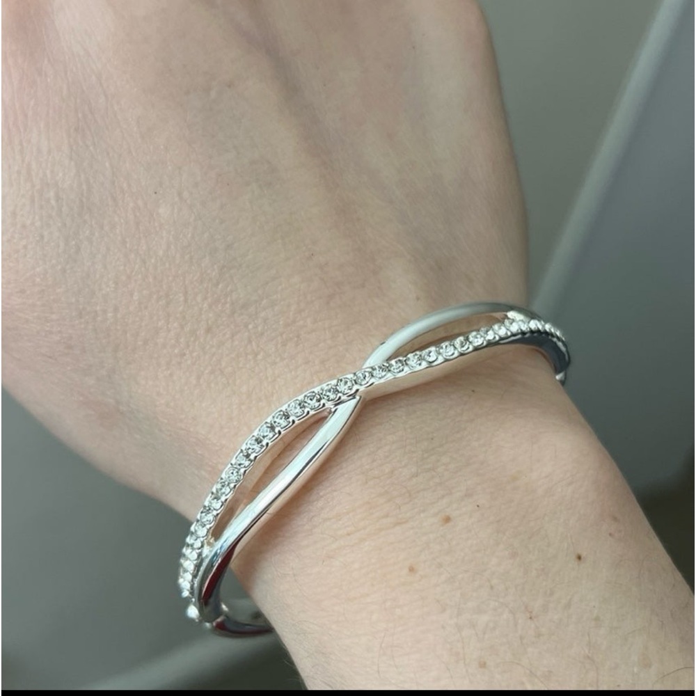 Anne Klein Silver-Tone Crystal Crisscross Bangle Bracelet